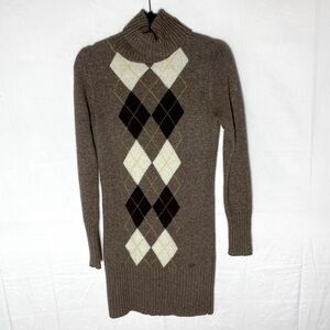 Vintage 90s Esprit Brown Argyle Turtleneck Sweater Mini Dress S Dark Academia
